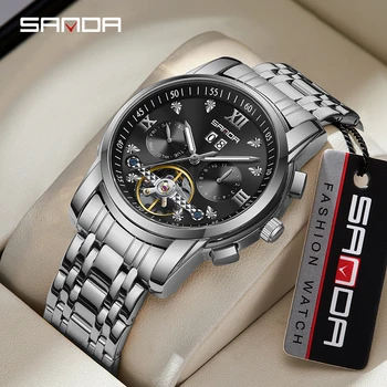 SANDA vyriški laikrodžiai Automatinis mechaninis verslo laisvalaikio rankinis laikrodis vandeniui atsparus šviečiantis laikrodis žmogui Skeleto kalendorinis laikrodis