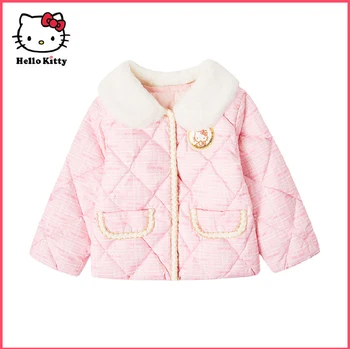 Sanrio HelloKitty Girls Winter Down Coat Short Jacket Hair Collar Casual Winter Children Warm Fashion Cotton Coat Comfortable