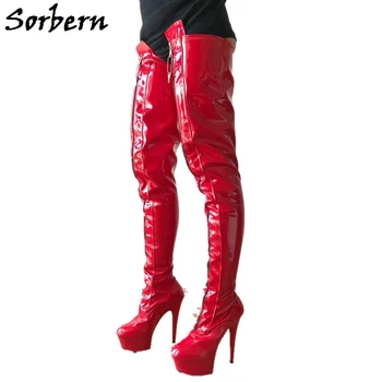 Sorbern Solid Red Crotch Šlaunys High Boots China Size 35-46 Round Toe Cross-Tied Zipper Patent Leather Boots Platform5Cm Batai