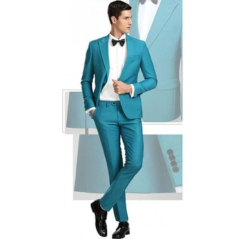Teal Designer Mens Prom Suits Peaked Lapel Wedding Set for Male Long Sleeves Groomsman Tuxedos Two Pieces Blazers Jacket+Pants