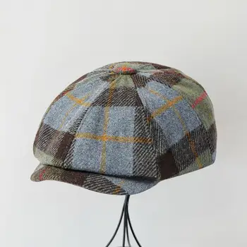 Unisex aštuonkampė kepurė Vinatge Plaid Print Winter Painter Hat Short Brim Reguliuojama juosta Dekoratyvinė moterų vyrų kepurė