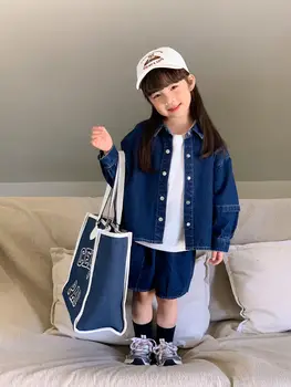 Vaikų drabužių rinkiniai Rudens korėjiečių mažyliai Vaikai Džinsinis kostiumas Berniukai ir mergaitės Džinsinis švarkas +Džinsiniai šortai Dviejų dalių aprangos komplektas