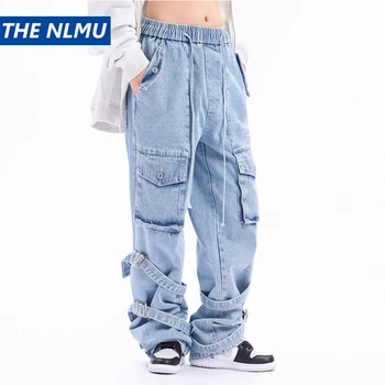 Vyrai laisvi krovininiai džinsai Mėlynos kelių kišenių tiesios džinsinės kelnės Harajuku gatvės apranga Hip Hop Elastinis juosmuo Baagy Džinsai High Street