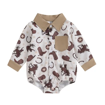 Western Baby Boy Drabužiai Karvės atspaudas Mygtukas žemyn Marškiniai Atvartas Romper Smėlinukas Rudens apranga 0-18M