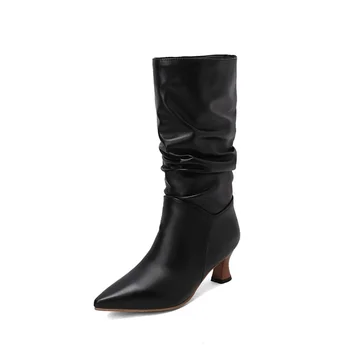 Zapatos De Mujer 2023 Rudens žieminiai batai Moterų mada Smailusis pirštas Juodi aukštakulniai Moteriški plisuoti botas Gotikiniai batai 7705