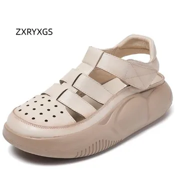ZXRYXGS Aukščiausios kokybės natūralios odos apvalių pirštų tendencijos basutės Laisvalaikio batai 2023 Vasaros storas padas pleištai Temperamentas Moteriškos basutės