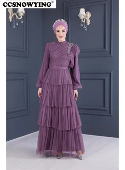 Šifono pakopos Aplikacijos Musulmonų vakarinės suknelės Higab Islamo formalios partijos chalatai Moterys ilgomis rankovėmis Arabiški chalatai De Soirée