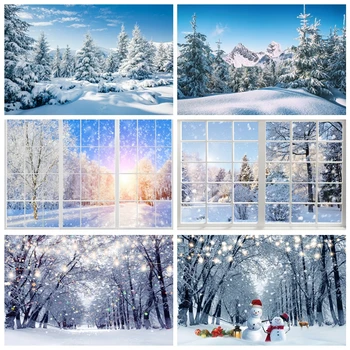 Žiemos miško fonas fotografijai Sniego senis Snaigė Kalnų peizažas Kalėdų eglutė Sniego nakties fonas fotostudijai